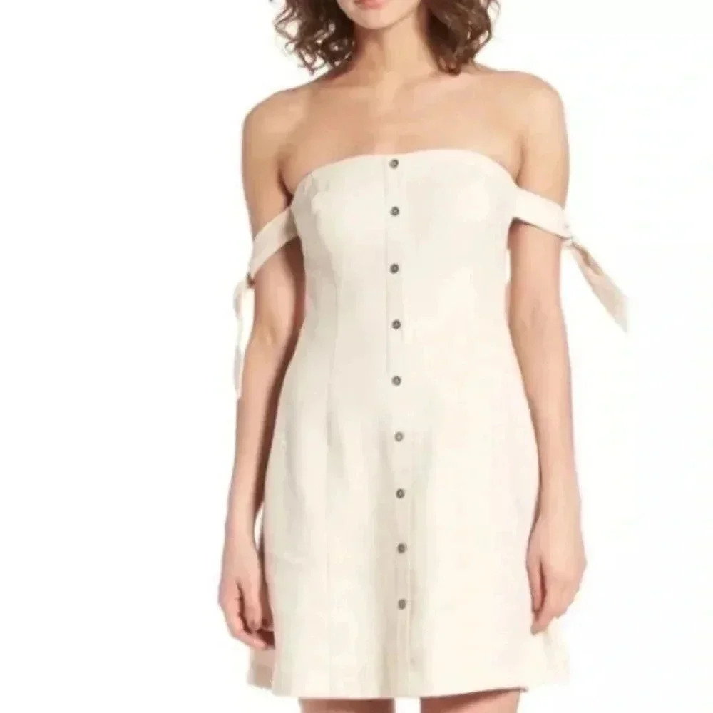 Astr Aracelli Off The Shoulder Linen Mini Dress Size L Cream Color Front Buttons